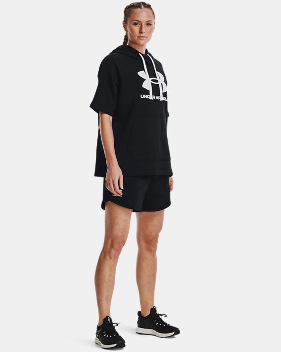 Sweat à capuche et manches courtes UA Rival Fleece pour femmes, Black, pdpMainDesktop image number 2
